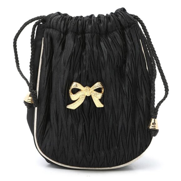 Vintage Drawstring Gathered Satin Bag Black Gold Evening Trinket Jewelry - Picture 1 of 7